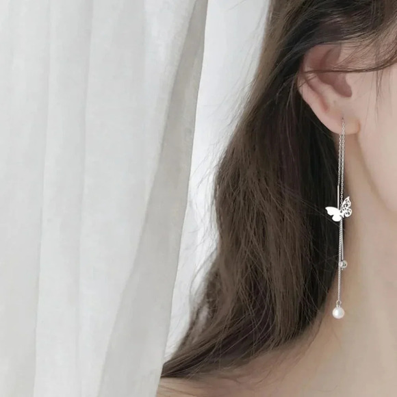 925 Silver Butterfly & Pearl Threader Earrings Long Dangle Tassel Drop Earrings - Picture 7 of 7